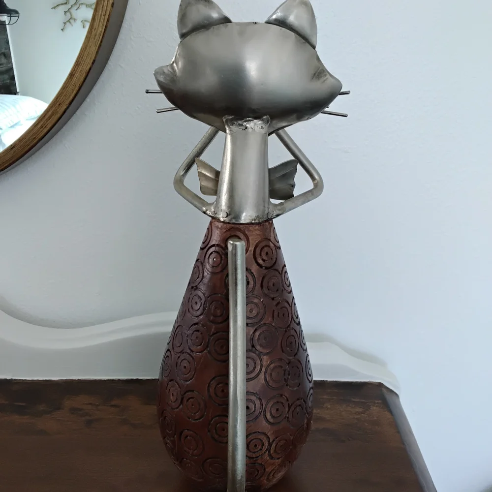 Pier 1 Wood And Metal Cat Figurine Playing Horn.
